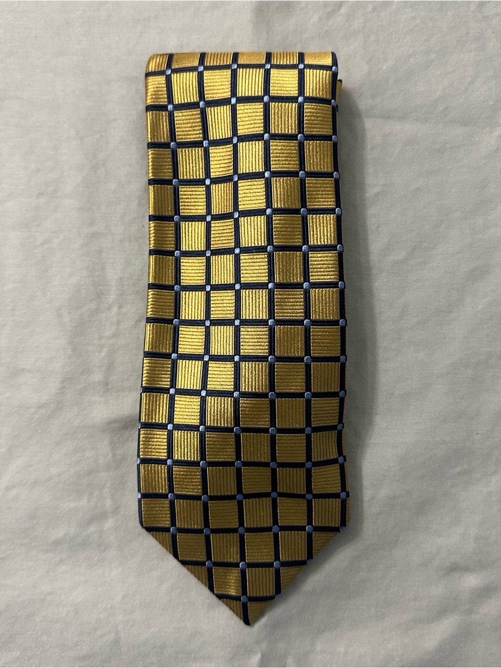Lands' End Mens Silk Necktie Yellow Navy Blue Windowpane Grid Handsewn USA